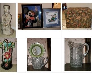 Cut glass, small statue, storage, counting cross stitch framed Mickey Mouse and other scenes