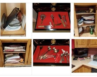 Kitchen items, small TV, toaster oven, plastic/paper servingware, bar items, linens.