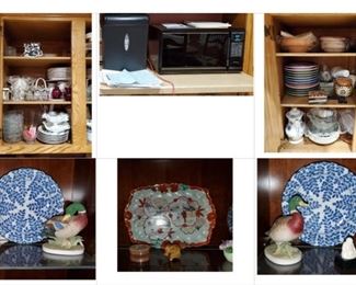 More kitchen items, paper shredder, microwave, display plates, Mallard ducks.