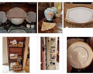 Lenox, Mikasa, kitchen items, bakers rack.
