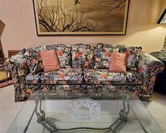 Sofa, glass and wrought iron coffee table, Franklin Mint Japanese Byobu screen