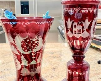12. Bohemian Red Crystal Cut To Clear Covered Vase (3 1/2" x 10")                                                                                                13. Bohemian Red Crystal Cut To Clear Vase (5" x 7")  