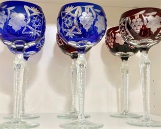 15. Set of 6 Cut To Clear Crystal 9" Goblets, 3 Cobalt Blue, 3 Burgundy