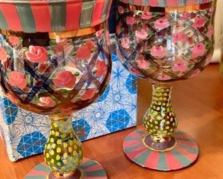 29. Pair of MacKenzie-Childs Hand Painted Circus Rose Arbor 7" Water Goblets