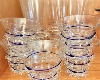 33. Juliska Glassware, Set of Five Blue & White 3" Glasses                                                                                                                34. Juliska Glassware, Set of Five Blue & White 6" Glasses