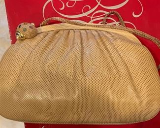 55. Judith Leiber Gold Genuine Lizard Leather Handbag with Jeweled Shell Clasp
