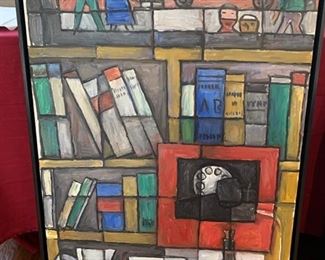 176. Painting of Bookcase Signed Julio Alpuy (25" x 37")