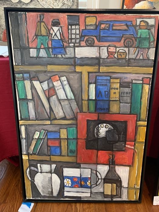 176. Painting of Bookcase Signed Julio Alpuy (25" x 37")