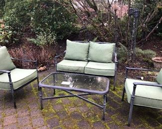 402 Metal Outdoor Bench With Two Chairs And Table Comes With Cushions By Alan Roth