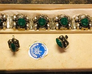 Vintage Sterling Link Bracelet  and Screw on Earrings with Carved Green Jade Faces.        
Set $110.00