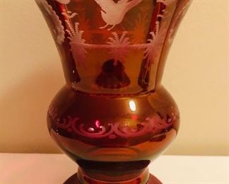 Vintage Bohemian Cut To Clear Ruby Red Glass Vase (West Germany)