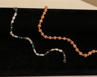 14K Gold Coral & Freshwater Pearl Malachite Bracelets