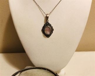 Sterling Silver Marcasite Mother Of Pearl Vintage Bracelet & Necklace (18.5 Grams)