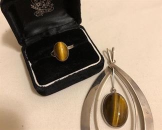 Sterling Silver Tiger Eye Pendant & Ring (19.5 Grams) 