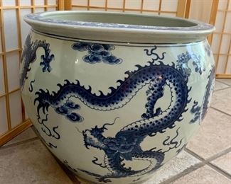 #22- blue & white Oriental pot, 16t x 18w-please inquire if interested. This item is not immediately available to buy.$400