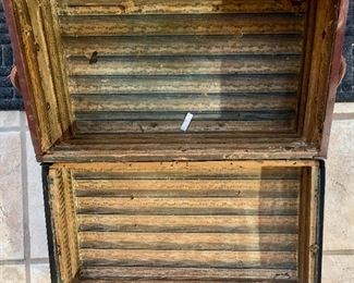 #19- Small antique Jenny Lind style trunk- leather covered- 24w x 13t x 13 1/2d- $120