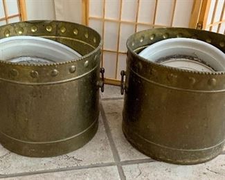 #23- 2 brass planters- 1 planter has a loose bottom, 1 is missing a handle- 14x12- $40