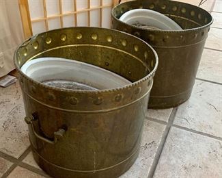 #23- 2 brass planters- 1 planter has a loose bottom, 1 is missing a handle- 14x12- $40