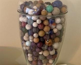 #10- Jar with vintage marbles- many clay marbles- 15" tall- $100