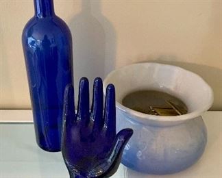 #9- Lot of 3 "Blue" items- glass mannequin hand, blue glass bottle and ceramic vase with several Golden Ox matchbooks- $50 for ALL