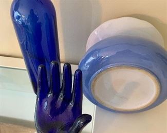 #9- Lot of 3 "Blue" items- glass mannequin hand, blue glass bottle and ceramic vase with several Golden Ox matchbooks- $50 for ALL