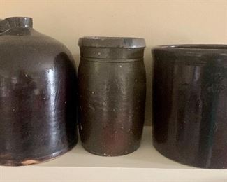 #47- Set of 3 crocks including 1 whiskey crock- 1 crock by Peoria Pottery Co-$120