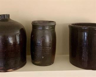 #47- Set of 3 crocks including 1 whiskey crock- 1 crock by Peoria Pottery Co-$120