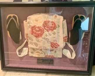 #46- Framed Kimono with wooden Geta Geisha kimono sandals- 22 1/2t x 30 3/4w- $350