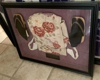 #46- Framed Kimono with wooden Geta Geisha kimono sandals- 22 1/2t x 30 3/4w- $350