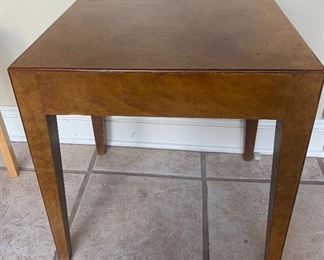#39- Set of 2 Burled Walnut nesting tables- Made in Italy- (larger table) 17 1/4 x 20 1/4 x 20 1/2t, (smaller table) 19 1/4 x 13 x 18t-$500 for the pair