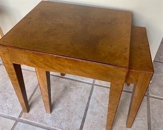#39- Set of 2 Burled wood nesting tables- Made in Italy- (larger table) 17 1/4 x 20 1/4 x 20 1/2t, (smaller table) 19 1/4 x 13 x 18t-$500 for the pair