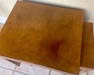 #39- Set of 2 Burled Walnut nesting tables- Made in Italy- (larger table) 17 1/4 x 20 1/4 x 20 1/2t, (smaller table) 19 1/4 x 13 x 18t-$500 for the pair