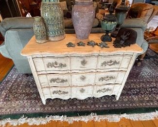 Century Furniture chest, tribal drums, olive jar pottery, soapstone sea turtles