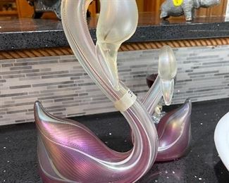 Pair of Abelman pulled feather glass swans