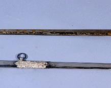Knights Of Columbus Ceremonial Sword, Images And Words Engraved On Blade, Blade Approx 27" Long, With Metal Scabbard
