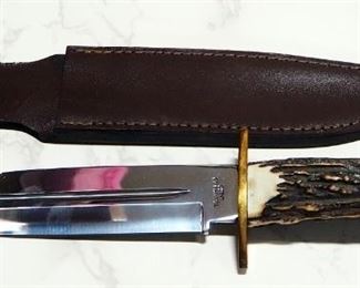 Trophy Stag Fixed Blade Knife With Bone Style Handle, 8" Blade With Leather Sheath