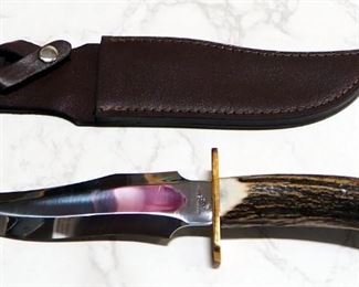 Trophy Stag Fixed Blade Knife With Bone Style Handle, 7.5" Blade With Leather Sheath