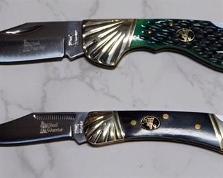 Frost Cutlery Steel Warrior Folding Knives, Qty 2, 1 With Green Toned Bone Handle