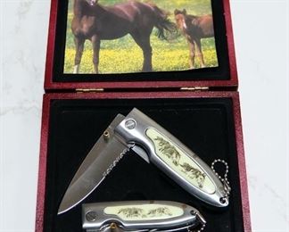 Fighter Folding Pocket Knife Set, Includes 2 Folding Knives, Each with Images Of Horses In Wood Display Box