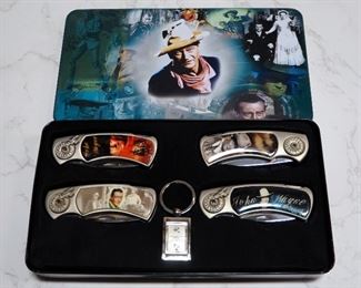 John Wayne Collector's Knives, Qty 4, And Keychain (Missing Face), In Collector's Tin