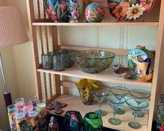 Santa Rosa pottery (top shelf) Confetti handblown glass and bowl set (middle shelf) 