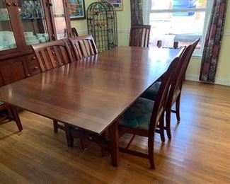 Kincaid Trestle table  cherry dining table with two armchairs and 6 side chairs, 2 16" apron leaves 42" x 68" x 30"