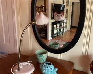 MCM Cat head gooseneck lamp, 3' oval mirror with wood frame
