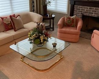 Hollywood glass & brass table-lovely slipcover sofa-swivel chairs