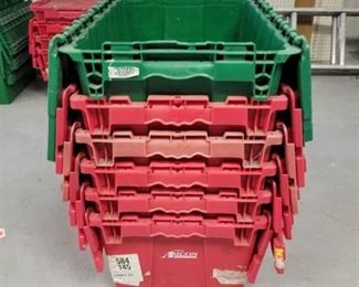 Lot of 6 Plastic Totes - Green and Red - Some of the Lids are Cracked or Damaged