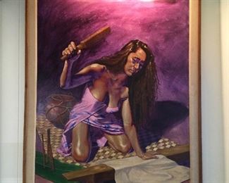 WLE003 - Original James Goss Painting - Polynesian Woman Pounding Kapa w/Spotlight