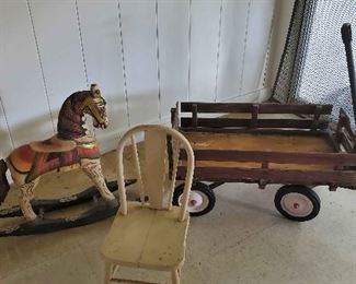 WLE045 - Vintage Child's Wood Wagon, Wood Chair & Wood Rocking Horse
