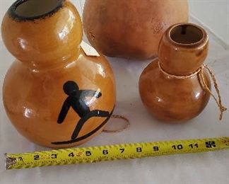 WLE069 - Pair of Ceramic Ipu Sculptures & Gourd Ipu Hula Implement