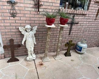 Cast iron and metal cross collection, cast metal angel, faux marble stands and more!