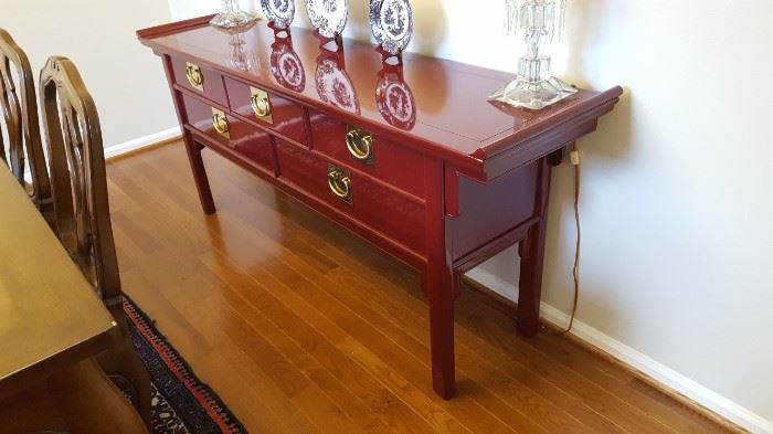 Red lacquer Hollywood Regency breakfront Oriental Style $225